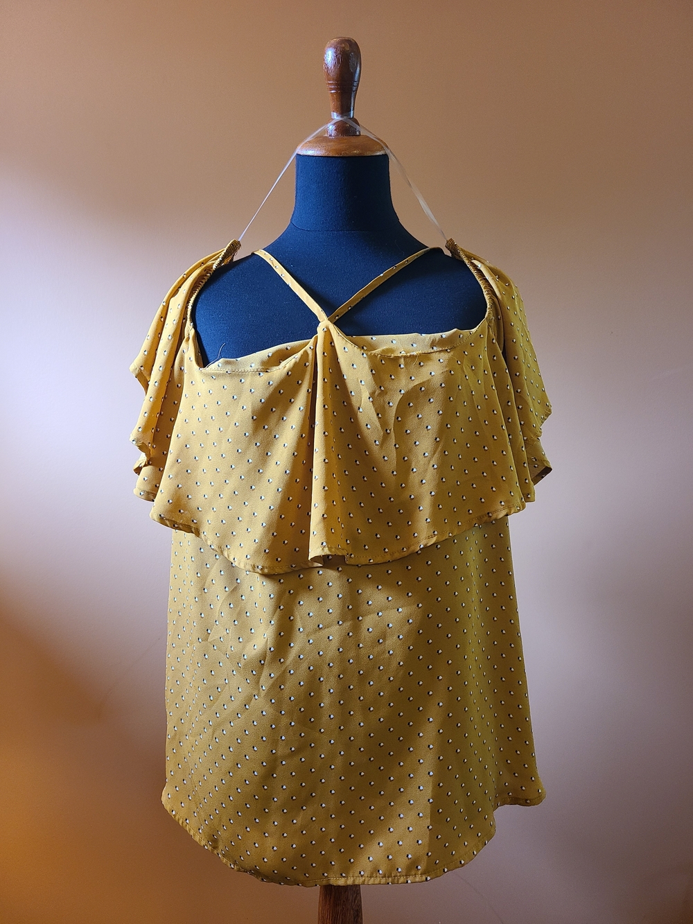 Maurices Mustard Polka Dot Ruffle Cold-Shoulder Cami